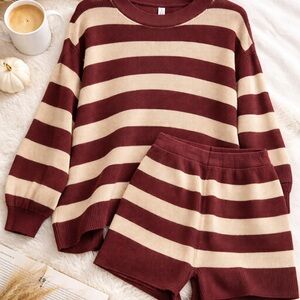 Trindy Clozet Boutique Burgundy and Cream Striped Knit Sweater Set